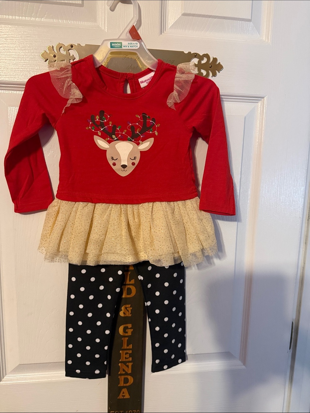 Nannette Kids Christmas Red Reindeer Tulle Tunic with Polka Dot Leggings set; 2T